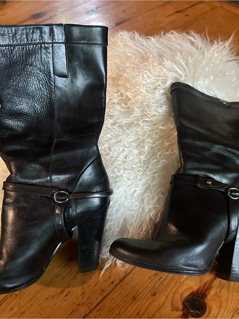 Nine West Black Leather Mid-Calf Heeled Boots